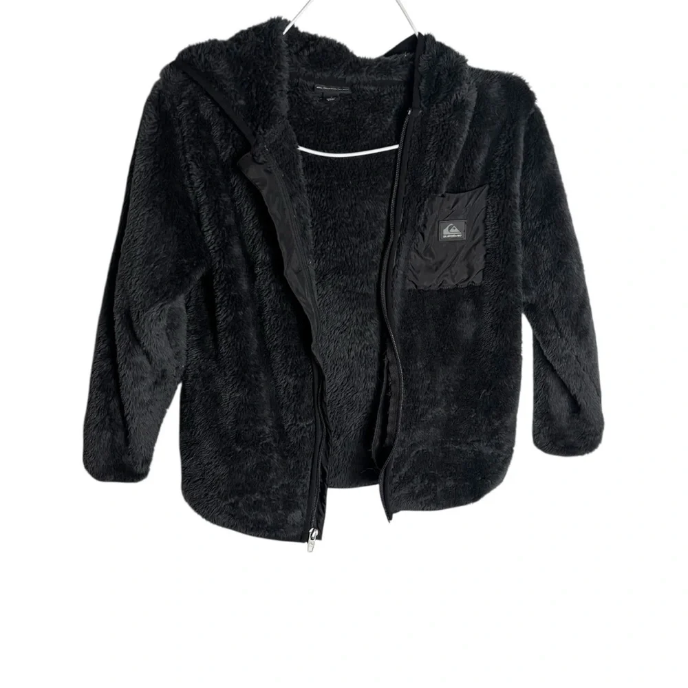 Quicksilver black teddy fuzzy hoodie jacket full front zipper size 7